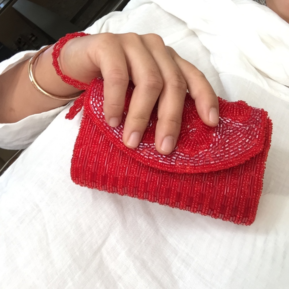 Red Beaded Bijoux Terner Clutch with Flowers